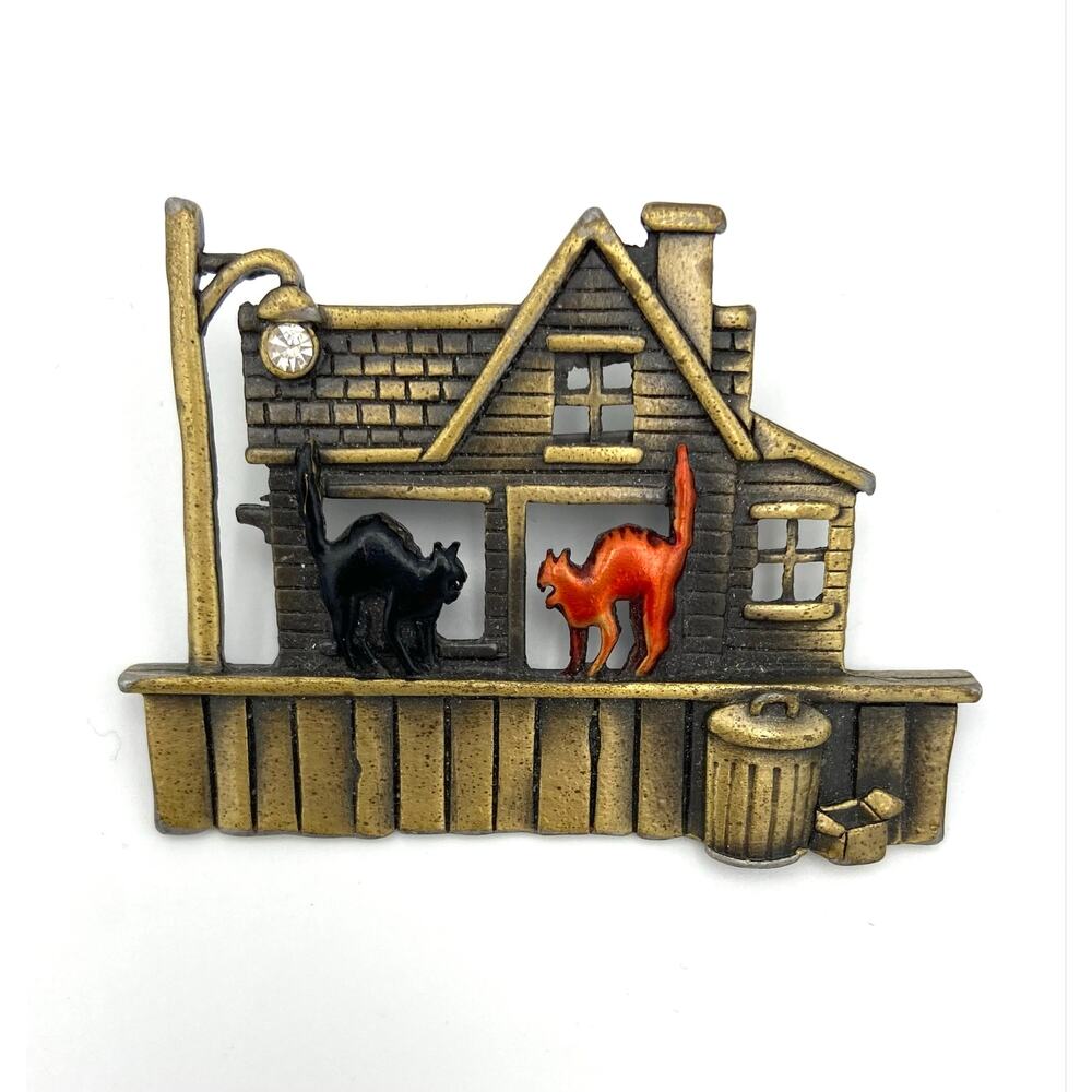Vintage JJ Halloween Cat Fight Brooch Pin Bronze Tone House Black Orange 1980's